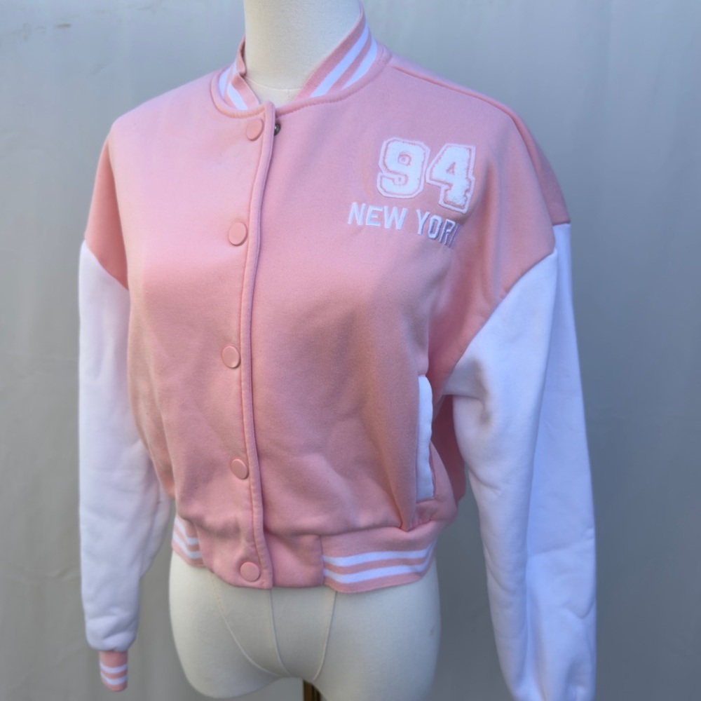 Charlotte Russe Pink Varsity Jacket Size S 94 New York Snap Front Bomber